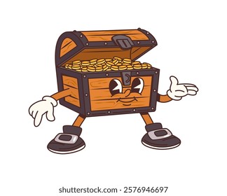 Cartoon pirate gold treasure chest character. Caribbean pirate gold treasure happy mascot, corsairs or filibuster bandits opened wooden chest full of golden coins isolated vector funny personage