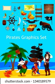 Cartoon Pirate Graphic Set. Vector illustration