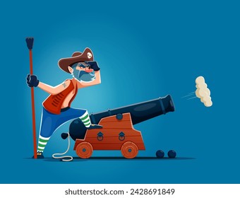 Cartoon pirate gunner or corsair sailor character with cannon, vector man personage. Pirate in corsair tricorne hat with skull, Caribbean adventure sea filibuster or corsair gunner with cannon