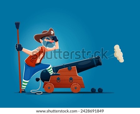 Cartoon pirate gunner or corsair sailor character with cannon, vector man personage. Pirate in corsair tricorne hat with skull, Caribbean adventure sea filibuster or corsair gunner with cannon ストックフォト © 