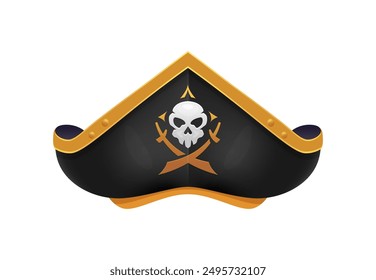 Cartoon pirate hat, corsair captain tricorn adorned with Jolly Roger skull and crossed sabers emblem. Isolated vector buccaneer cocked cap, swashbuckling rover headwear, piracy swashbuckler headgear