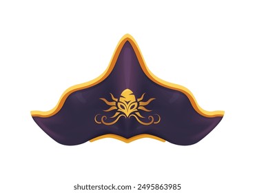 Cartoon pirate hat, corsair captain tricorn with kraken octopus emblem. Isolated vector buccaneer cocked cap with curved brim, adorned with golden border, capturing the adventurous spirit of the seas