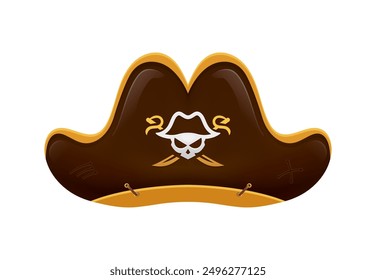 Sombrero de pirata de dibujos animados, capitán de corsario tricornio. Gorra clásica de Vector en color marrón chocolate con ribete dorado, calavera y emblema de sables cruzados, que encarna el espíritu aventurero de un filibusterismo en alta mar