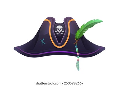 Cartoon pirate hat, corsair captain tricorn. Vector cocked hat, seafarer headdress with green feather, beads and jolly roger skull emblem. Isolated buccaneer, filibuster headgear, piracy costume