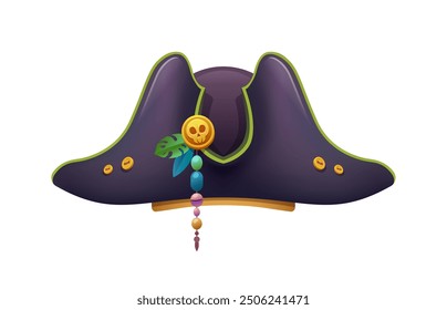 Cartoon pirate hat, corsair captain tricorn adorned with golden Jolly Roger skull emblem and colorful beads. Isolated vector buccaneer cocked cap with curved brim, rover swashbuckling party costume