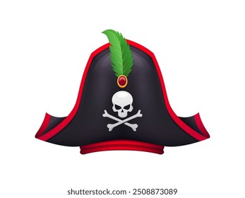 Cartoon pirate hat, corsair captain tricorn. Vector cocked hat, seafarer headdress with green feather, jolly roger skull and crossbs. Isolated buccaneer headgear, sailor, filibuster piracy costume