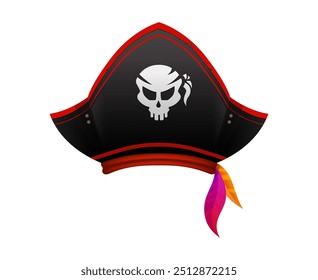 Cartoon pirate hat, corsair captain tricorn. Vector seafarer headdress with jolly roger skull. Isolated buccaneer cocked hat, headgear, sailor cap with red headband. Filibuster piracy costume part