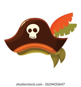 Cartoon pirate hat with skull and crossbones, feathers, and bandana, evoking swashbuckling adventures and danger on the high seas