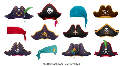 Cartoon Piraten Hüte, Korsaren Kapitän Tricorn und Seemann Bandana. Vektorsatz aus Karneval-Buccaneer, Filibuster-Hutschürzen, Seemann-Kopfbedeckungen oder Kopftuch, Rover-Kappen mit Federn und Jolly-Rogern