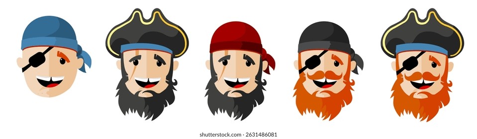 cartoon pirate heads set with bandanas and hat – vector illustration set