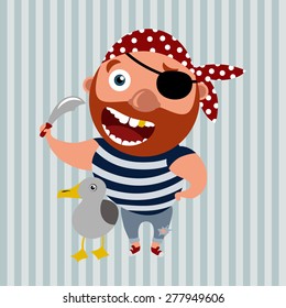 Cartoon pirate with his seagull. Vector.