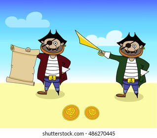 Cartoon pirate holding old scroll / map , pirate holds a sword in his hand , sky gradient, cloud, gold pirates coins with skull