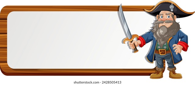 Cartoon pirate holding a sword beside a sign