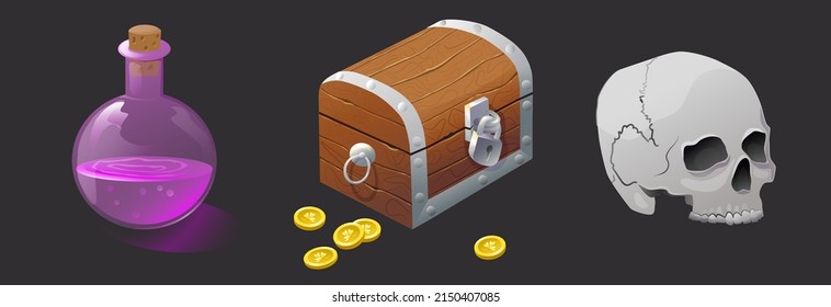 Cartoon pirate icons. Chest with gold coins, skull, magic potion. Vector props.