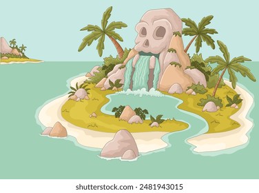 Cartoon pirate island. Skull island.