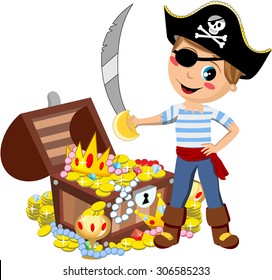 Cartoon Pirate Kid With Eye Patch And Sword In Front Of Treasure Chest Isolated