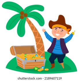 Cartoon pirate kid with leg prosthesis on the island. Vector illustration