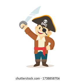 Cartoon pirate kid with sword and pirate hat. Colorful flat vector illustration, isolated on white background.