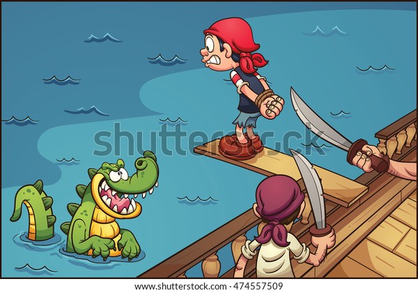 Cartoon pirate kid walking the plank. Vector clip art
illustration with simple gradients. Characters and background on
separate layers. 