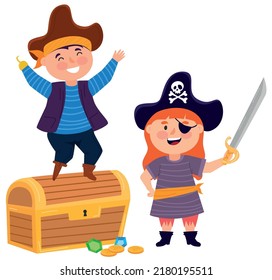 Cartoon pirate kids with sword. Chests with treasures. Vector illustration in flat style.
