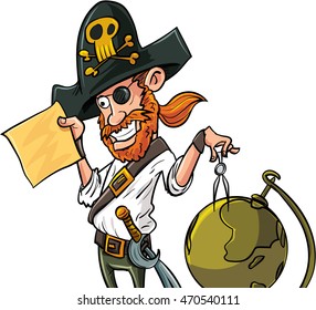 Cartoon pirate with map and globe. Isolated