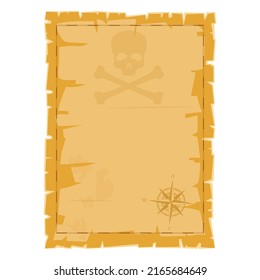Mapa de caricaturas piratas. Vieja plantilla de cartografía de papel. Papiro sucio con símbolo de cráneo. Ilustración del vector
