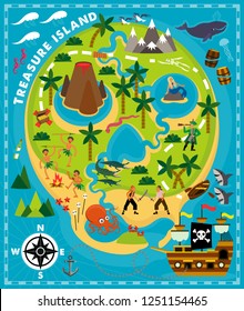 Cartoon Pirate Map Treasure, Travel Adventure. Vector Illustration.