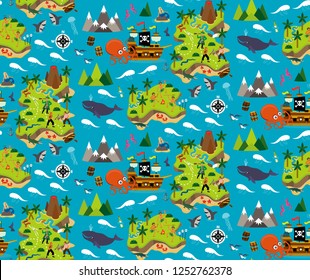 Cartoon Pirate Map Treasure, Travel Adventure. Vector Seamless Pattern.