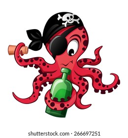 Cartoon pirate octopus with bottle