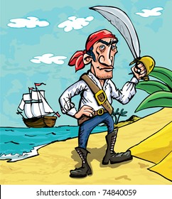 Cartoon pirate on a beach. His boat can be seen in the back ground