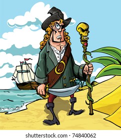 Cartoon pirate on a beach. His boat can be seen in the back ground