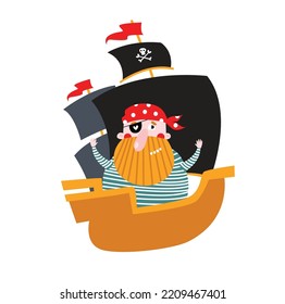 Cartoon Pirate on board the ship. Pirate ship. Vector good pirate having fun. Cartoon character. Fairy tale character. Sea rover. Adventure. pirate Party