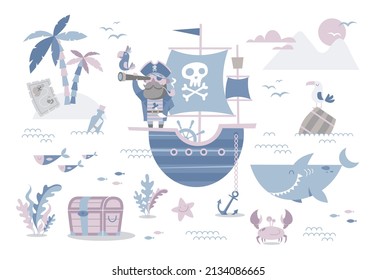 Cartoon pirate on ship.  Set of sea creatures. 