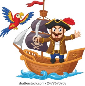 Cartoon pirate on a wooden ship