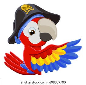 Cartoon pirate parrot bird character mascot peeking around a sign and pointing with a wing 