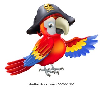 A cartoon pirate parrot character with an eye patch and tricorn hat with skull and cross bones pointing with its wing