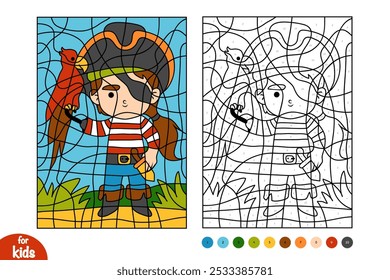 Cartoon pirate and parrot. Color by number, education game for children