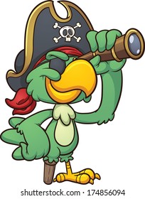 Cartoon pirate parrot looking through a spyglass. Vector clip art illustration with simple gradients. All in a single layer. 