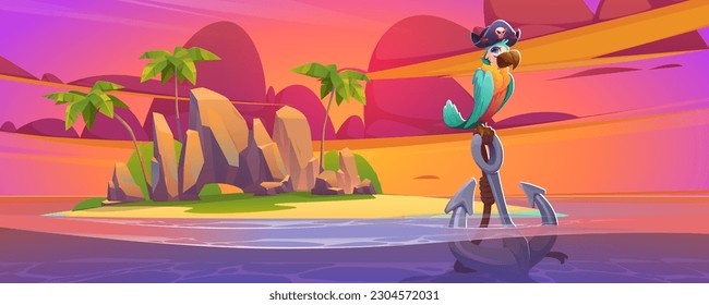 Cartoon pirate parrot sitting on anchor in sea water near tropical island at sunset. Vector illustration of corsair pet bird wearing hat with human skull symbol, peace of land with palms and stones