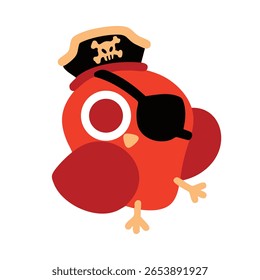 Papagaio pirata de desenho animado usando chapéu de capitão de navio. Ilustração vetorial de um papagaio brilhante bonito com um chapéu pirata pequeno. Pássaro vermelho usando tapa-olho e chapéu de tricórnio. Companheiro de animais do século XVIII. 