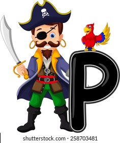 Cartoon pirate and parrots