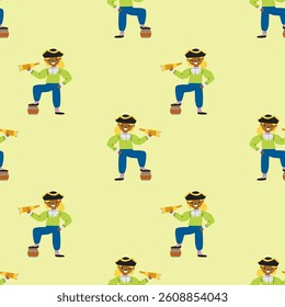Cartoon pirate pattern with african male child characters and telescopes on light background.
