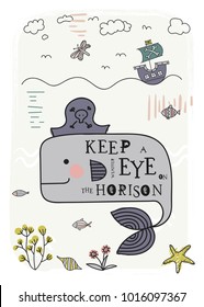 Cartoon pirate poster. Vector illustration. T-Shirt Design & Printing, clothes for kids. Keep a weather eye on the horizon