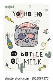 Cartoon pirate poster. Vector illustration. T-Shirt Design & Printing, clothes for kids. Yo ho ho and bottle of milk