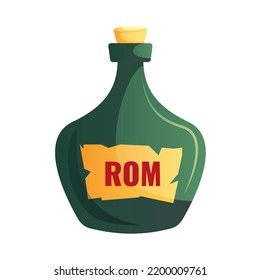 Cartoon Pirate rom green bottle with wooden cork. Isolated on white background. Rom bottle for kids pirate games. Icon