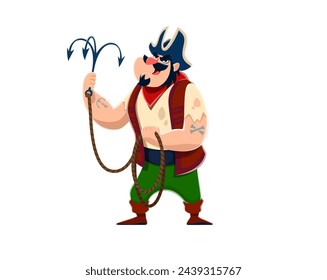 Cartoon pirate sailor character with grappling hook. Isolated vector swashbuckling, adventurous buccaneer in vest, eye patch and tricorn, bearded corsair ready for robbery and boarding ships in sea svg