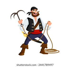 Cartoon pirate sailor character with grappling hook. Isolated vector swashbuckling corsair, adventurous bearded buccaneer in vest and bandana, ready for robbery and boarding ships in the high sea svg