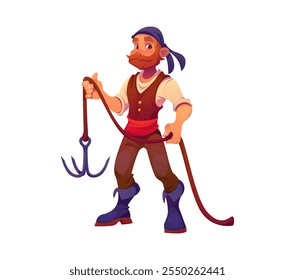 Cartoon Piraten Seemann Charakter mit Greifer Haken. Vektor-Swashbuckling-Korsar, abenteuerlich bärtige Buccaneer in Weste und Bandana, bereit für Raub und Boarding Schiffe auf hoher See