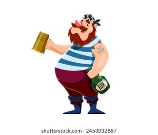 Cartoon pirate sailor character with mug of rum, corsair seaman. Vector seafarer rover in striped vest holding tankard and bottle with drunk grin, embodying a seafaring spirit of adventure and revelry