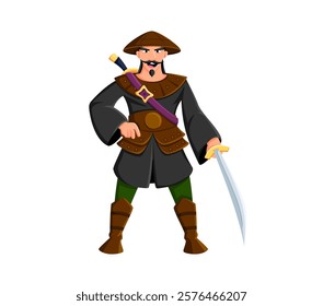 Cartoon pirate or sailor skipper character, boatswain or captain corsair, vector filibuster. Caribbean pirate man with sword in corsair armor costume, Asian pirate buccaneer or filibuster character